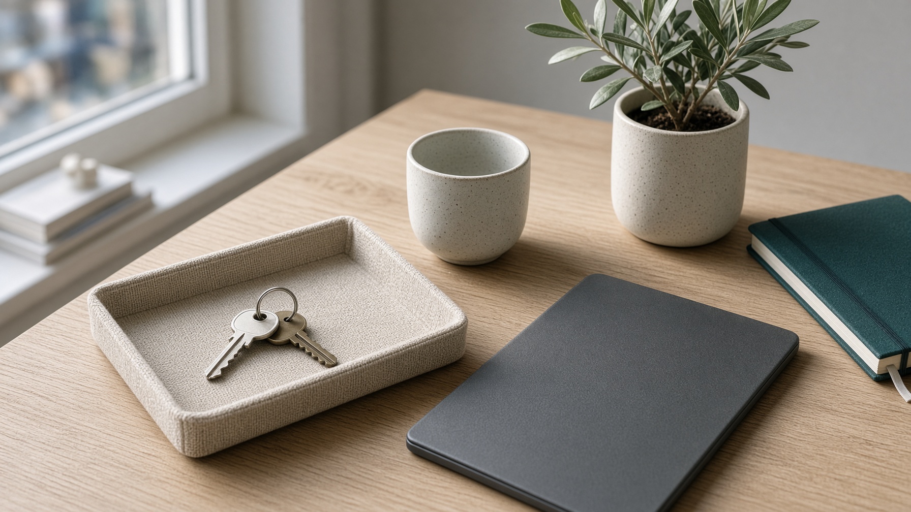 House keys and a closed tablet on pale oak