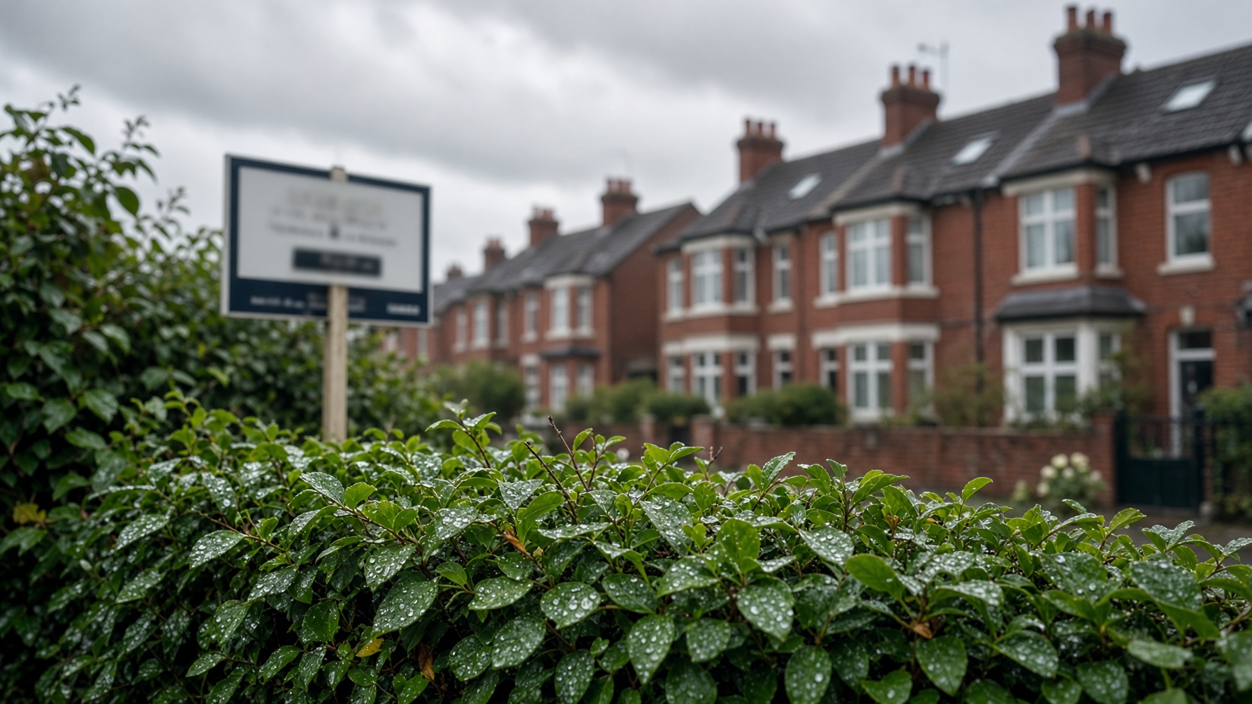 For-sale board behind a wet hedge