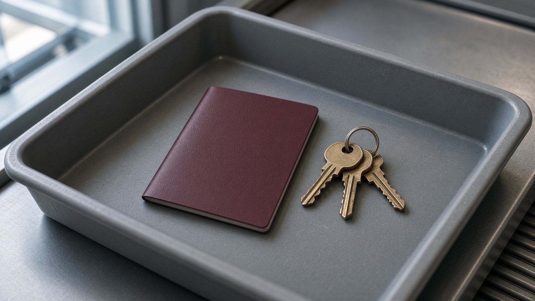 Closed passport and house keys in a tray